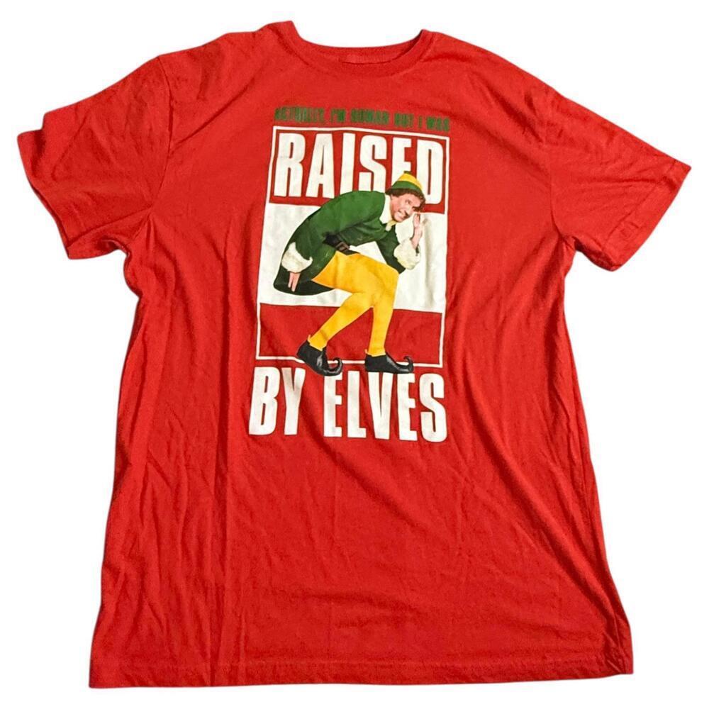 Elf Movie “Raised by Elves” Christmas Graphic Tee Red XL